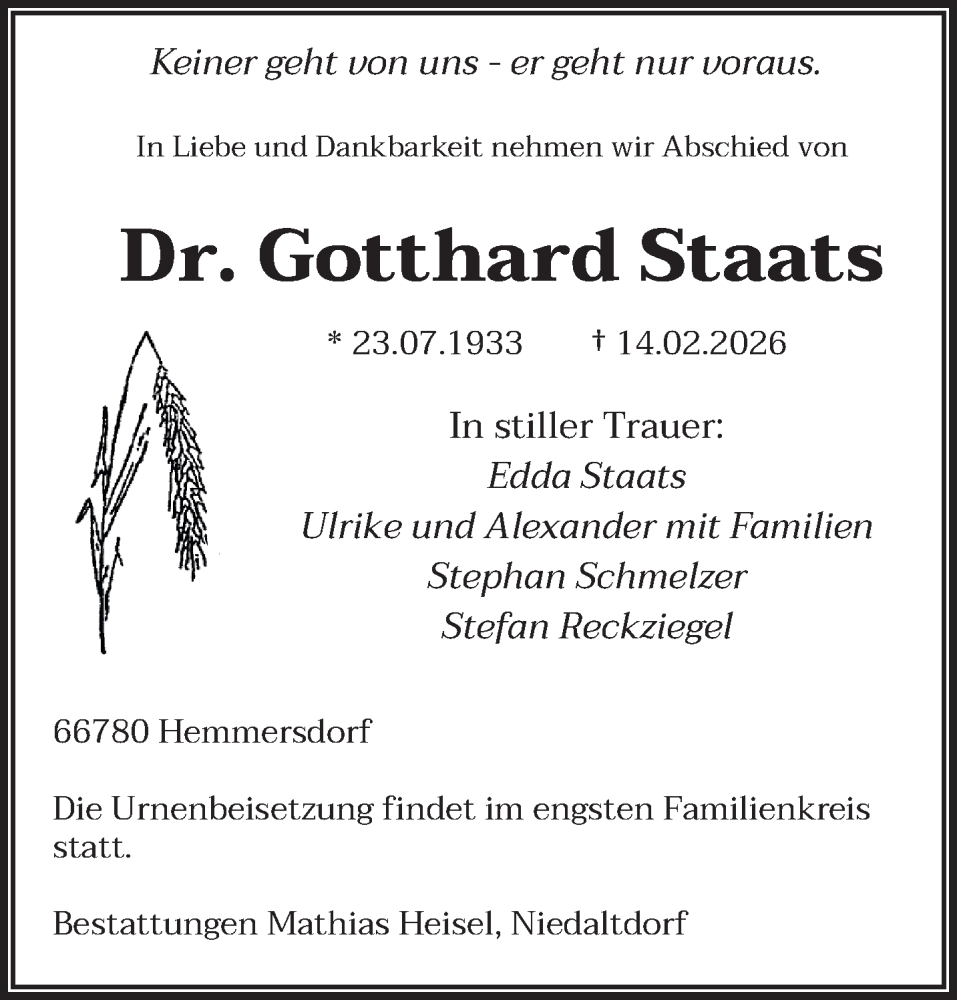 Traueranzeige für Gotthard Staats vom 21.02.2026 aus saarbruecker_zeitung