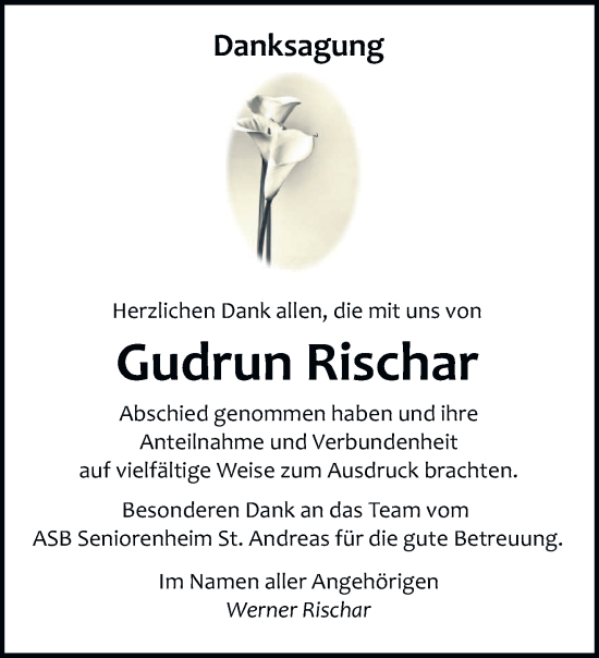 Traueranzeige von Gudrun Rischar von saarbruecker_zeitung