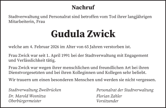 Traueranzeige von Gudula Zwick von saarbruecker_zeitung