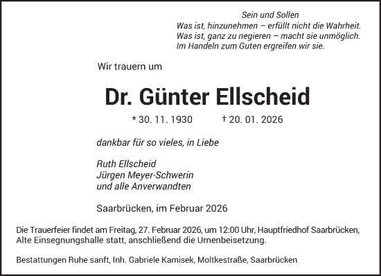 Traueranzeige von Günter Ellscheid von saarbruecker_zeitung