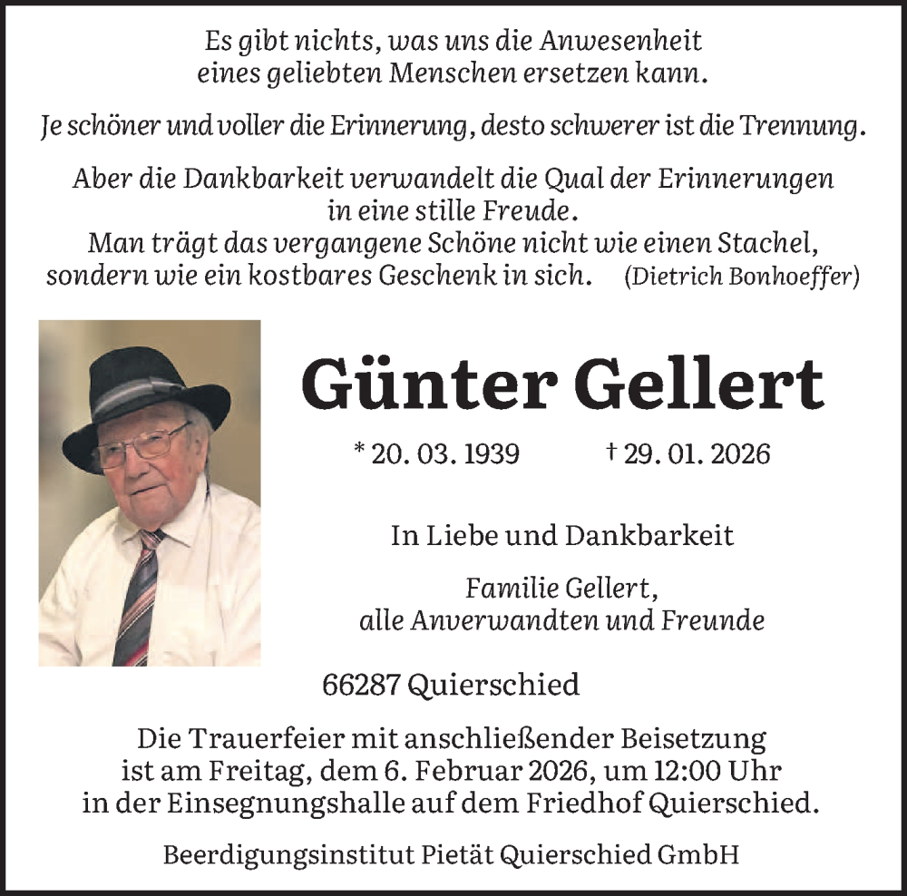  Traueranzeige für Günter Gellert vom 04.02.2026 aus saarbruecker_zeitung