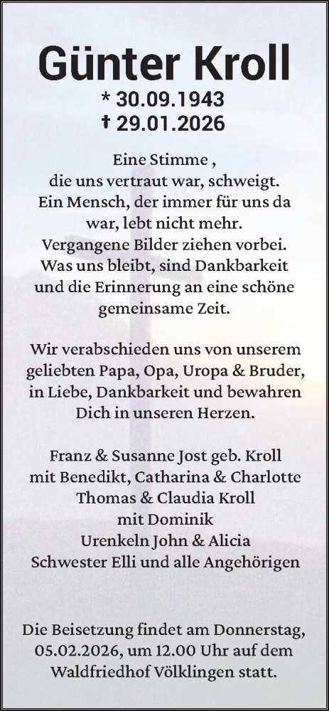  Traueranzeige für Günter Kroll vom 04.02.2026 aus saarbruecker_zeitung