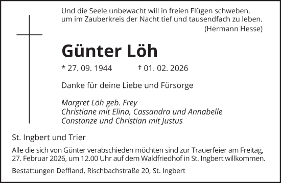 Traueranzeige von Günter Löh von saarbruecker_zeitung