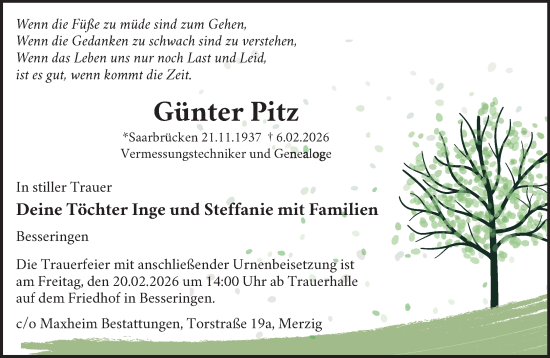 Traueranzeige von Günter Pitz von saarbruecker_zeitung