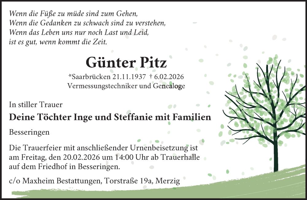  Traueranzeige für Günter Pitz vom 11.02.2026 aus saarbruecker_zeitung
