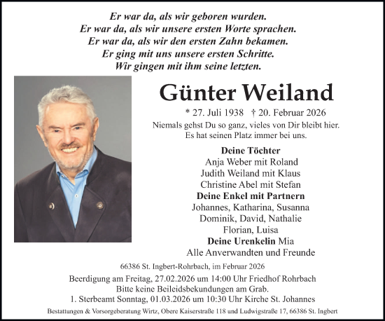 Traueranzeige von Günter Weiland von saarbruecker_zeitung