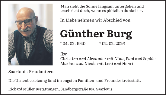 Traueranzeige von Günther Burg von saarbruecker_zeitung