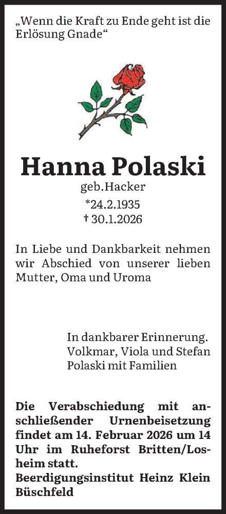  Traueranzeige für Hanna Polaski vom 04.02.2026 aus saarbruecker_zeitung