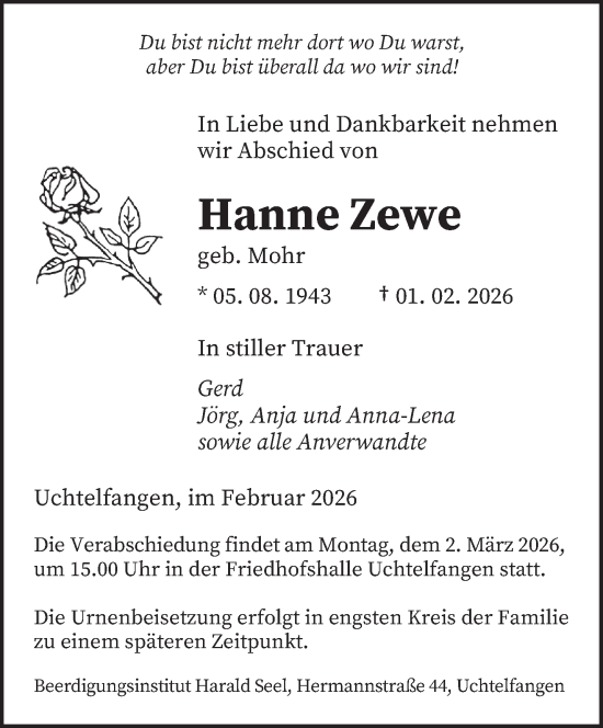 Traueranzeige von Hanne Zewe von saarbruecker_zeitung