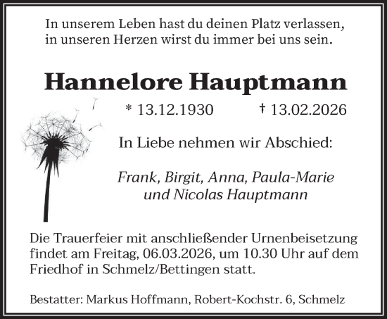 Traueranzeige von Hannelore Hauptmann von saarbruecker_zeitung