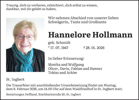 Traueranzeige von Hannelore Hollmann von saarbruecker_zeitung