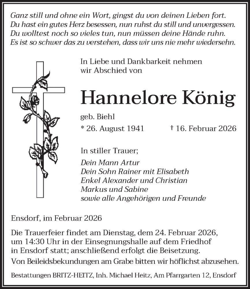  Traueranzeige für Hannelore König vom 21.02.2026 aus saarbruecker_zeitung