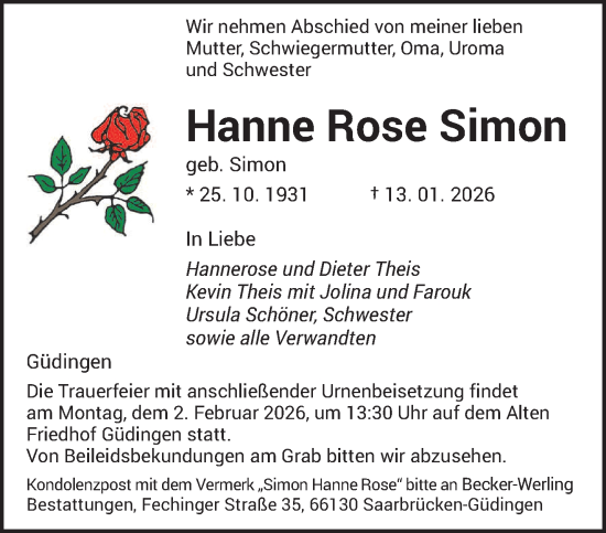 Traueranzeige von Hanne Rose Simon von saarbruecker_zeitung