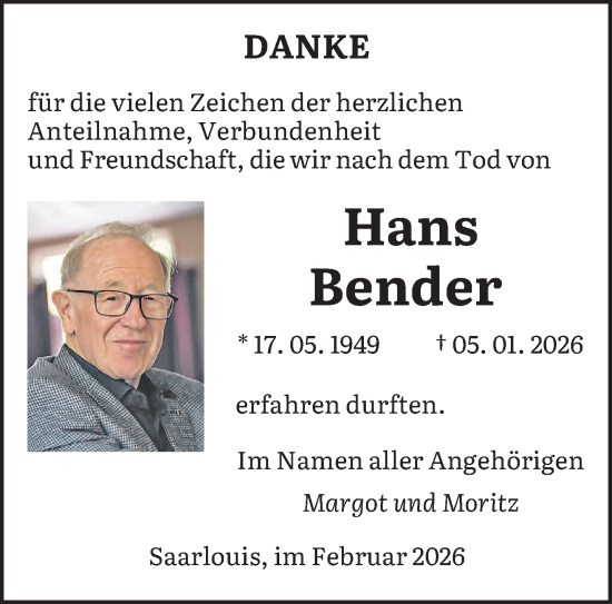 Traueranzeige von Hans Bender von saarbruecker_zeitung
