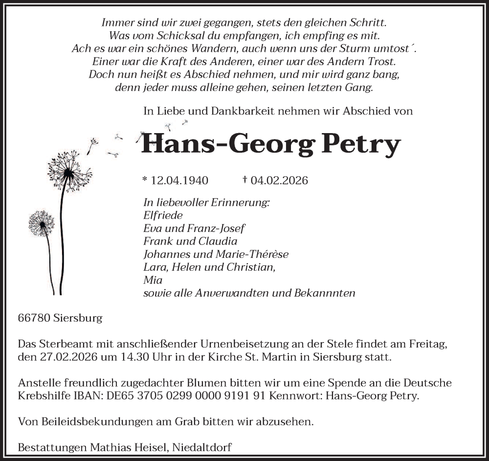  Traueranzeige für Hans-Georg Petry vom 21.02.2026 aus saarbruecker_zeitung