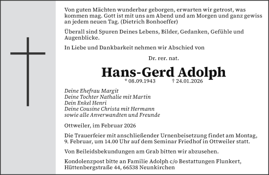 Traueranzeige von Hans-Gerd Adolph von saarbruecker_zeitung