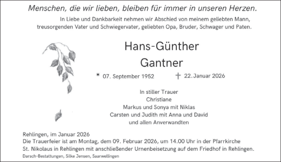 Traueranzeige von Hans-Günther Gantner von saarbruecker_zeitung