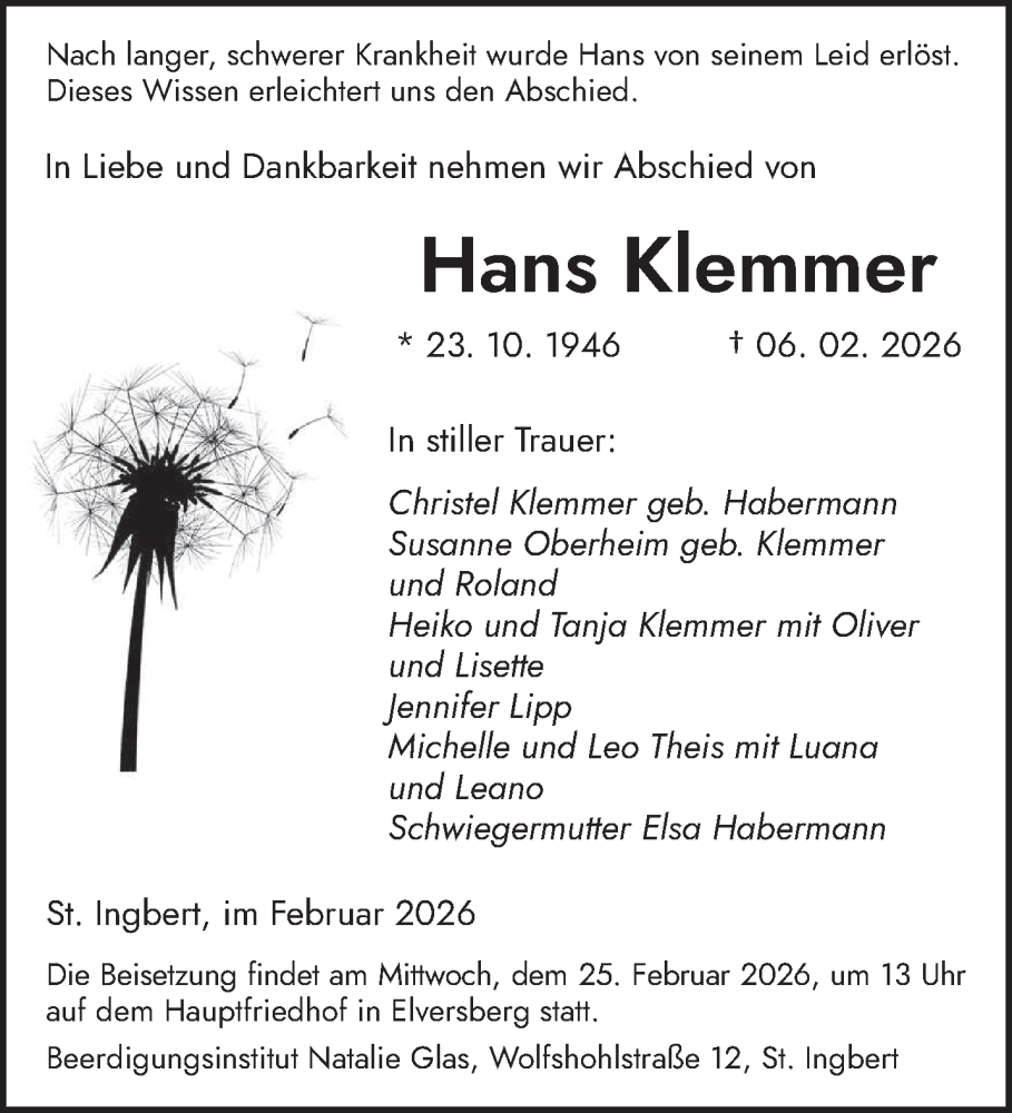  Traueranzeige für Hans Klemmer vom 21.02.2026 aus saarbruecker_zeitung