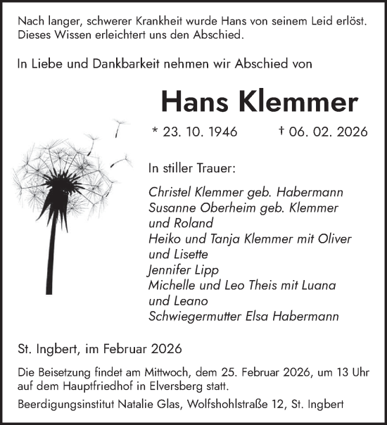 Traueranzeige von Hans Klemmer von saarbruecker_zeitung