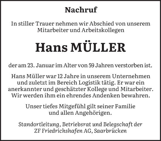 Traueranzeige von Hans Müller von saarbruecker_zeitung