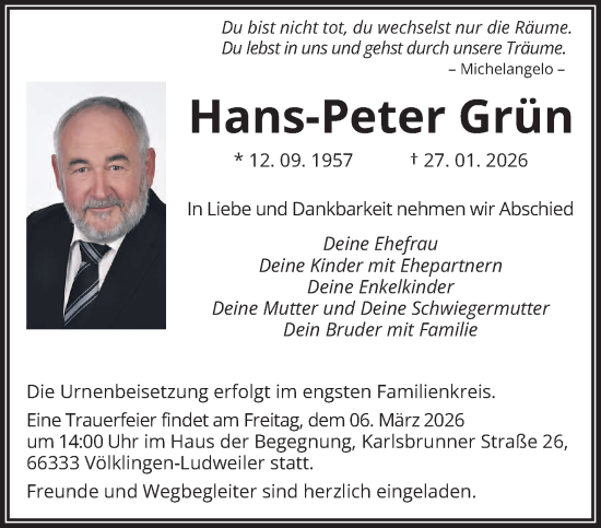 Traueranzeige von Hans-Peter Grün von saarbruecker_zeitung