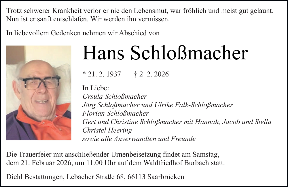  Traueranzeige für Hans Schloßmacher vom 07.02.2026 aus saarbruecker_zeitung