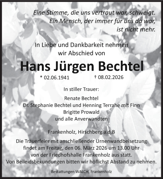 Traueranzeige von Hans Jürgen Bechtel von saarbruecker_zeitung