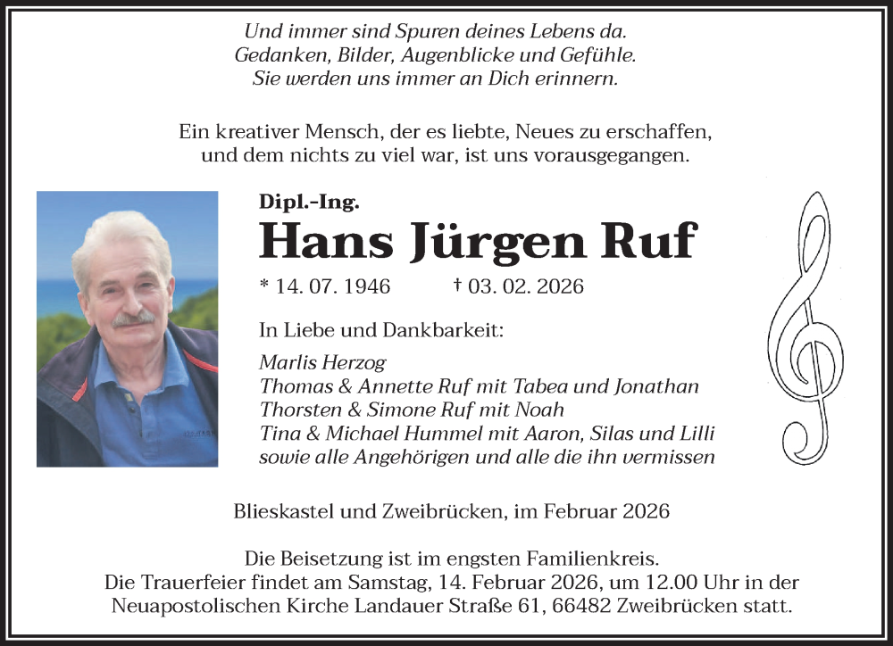 Traueranzeige für Hans Jürgen Ruf vom 07.02.2026 aus saarbruecker_zeitung