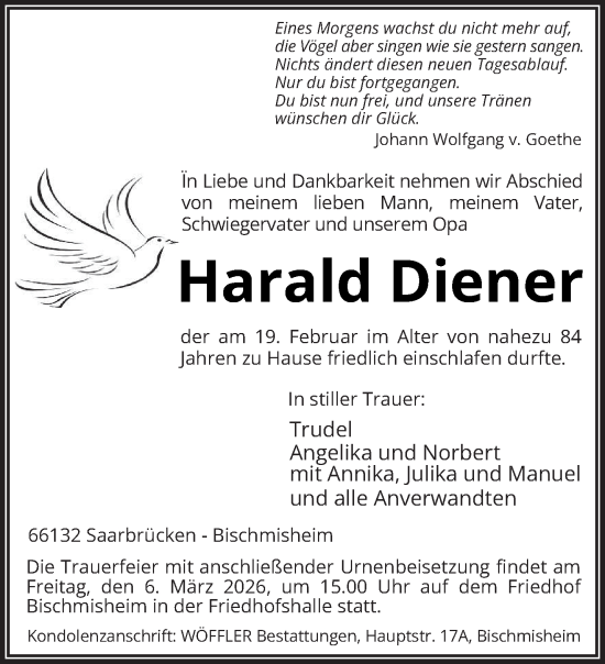 Traueranzeige von Harald Diener von saarbruecker_zeitung