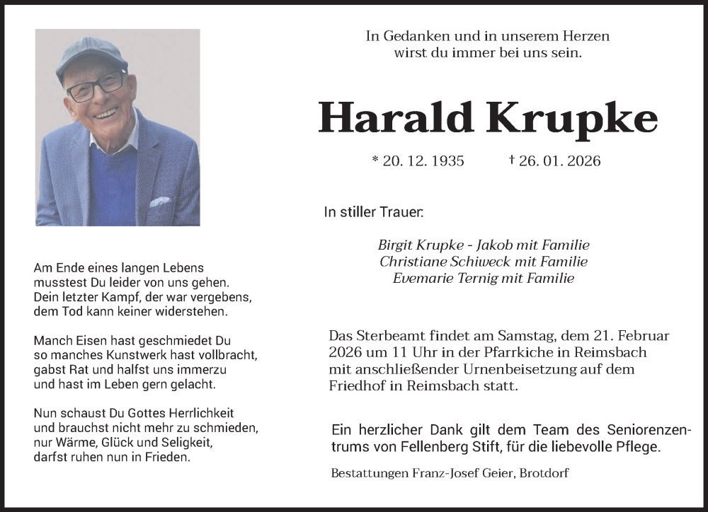  Traueranzeige für Harald Krupke vom 14.02.2026 aus saarbruecker_zeitung