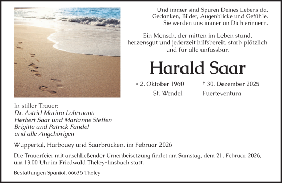 Traueranzeige von Harald Saar von saarbruecker_zeitung