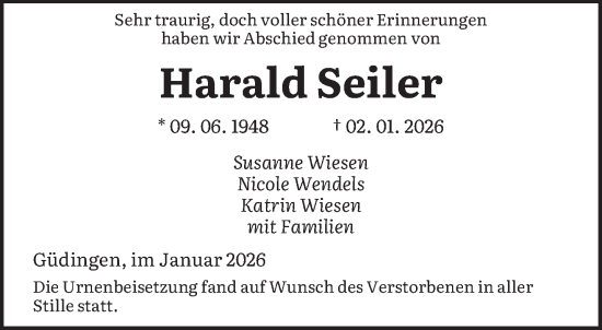 Traueranzeige von Harald Seiler von saarbruecker_zeitung