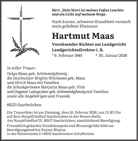 Traueranzeige von Hartmut Maas von saarbruecker_zeitung