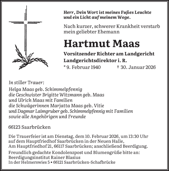 Traueranzeige von Hartmut Maas von saarbruecker_zeitung