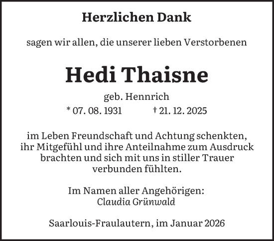 Traueranzeige von Hedi Thaisne von saarbruecker_zeitung