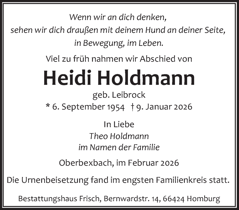  Traueranzeige für Heidi Holdmann vom 07.02.2026 aus saarbruecker_zeitung