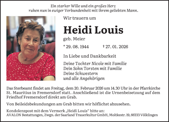 Traueranzeige von Heidi Louis von saarbruecker_zeitung