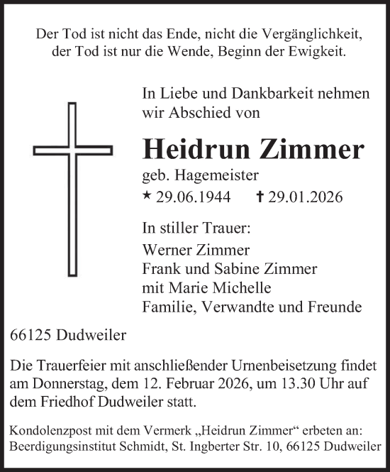 Traueranzeige von Heidrun Zimmer von saarbruecker_zeitung