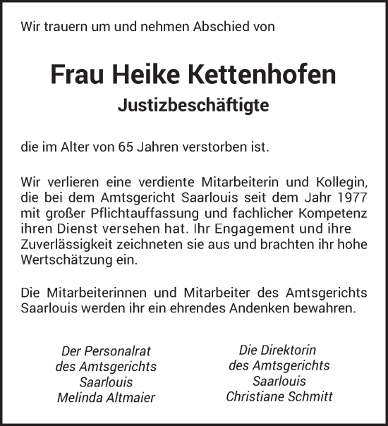 Traueranzeige von Heike Kettenhofen von saarbruecker_zeitung
