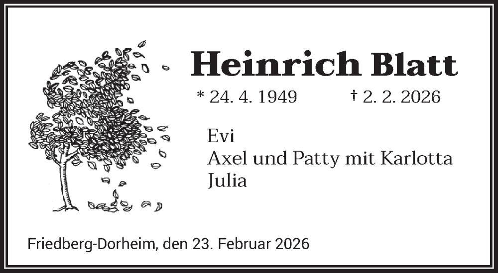  Traueranzeige für Heinrich Blatt vom 28.02.2026 aus saarbruecker_zeitung