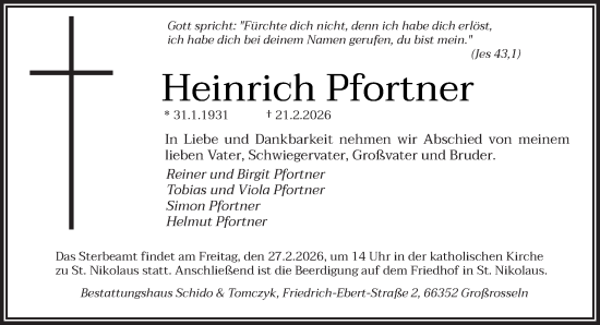 Traueranzeige von Heinrich Pfortner von saarbruecker_zeitung