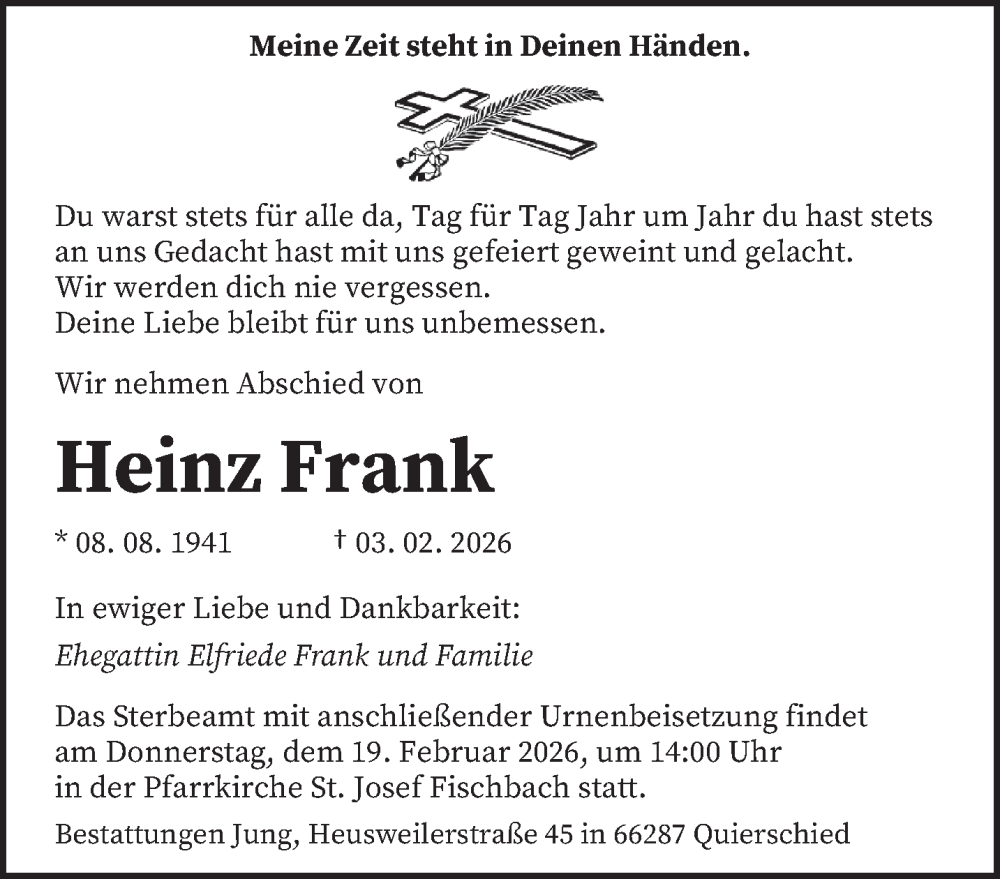  Traueranzeige für Heinz Frank vom 07.02.2026 aus saarbruecker_zeitung