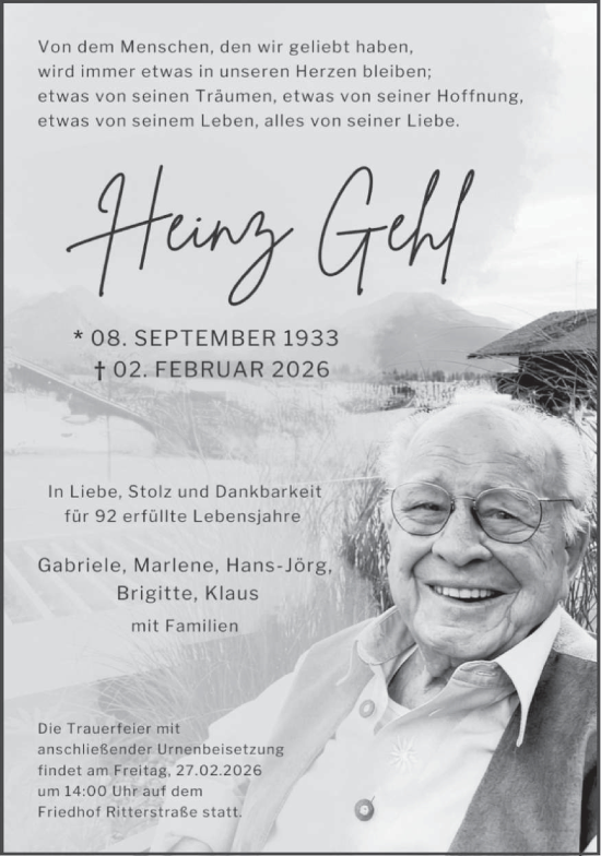 Traueranzeige von Heinz Gehl von saarbruecker_zeitung