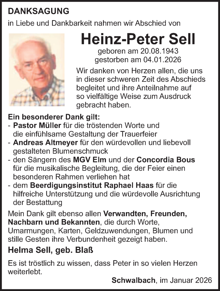  Traueranzeige für Heinz-Peter Sell vom 31.01.2026 aus saarbruecker_zeitung