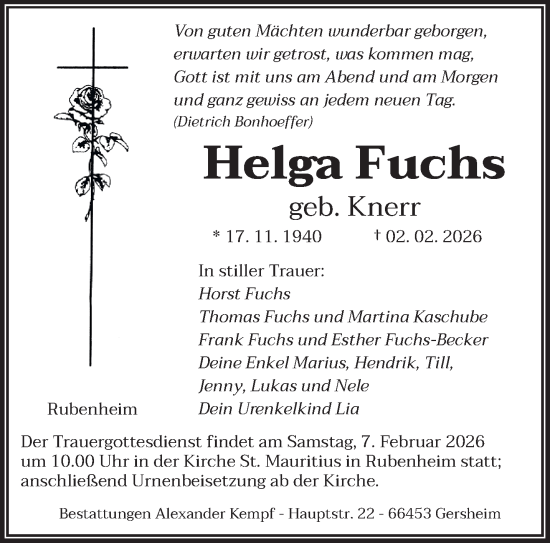 Traueranzeige von Helga Fuchs von saarbruecker_zeitung