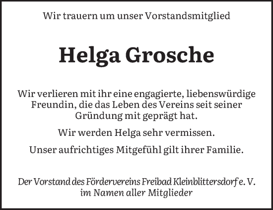 Traueranzeige von Helga Grosche von saarbruecker_zeitung