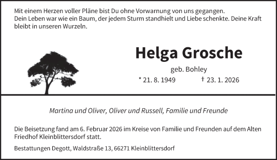 Traueranzeige von Helga Grosche von saarbruecker_zeitung