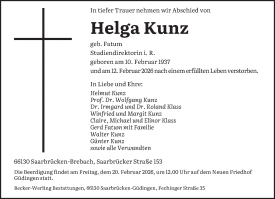 Traueranzeige von Helga Kunz von saarbruecker_zeitung