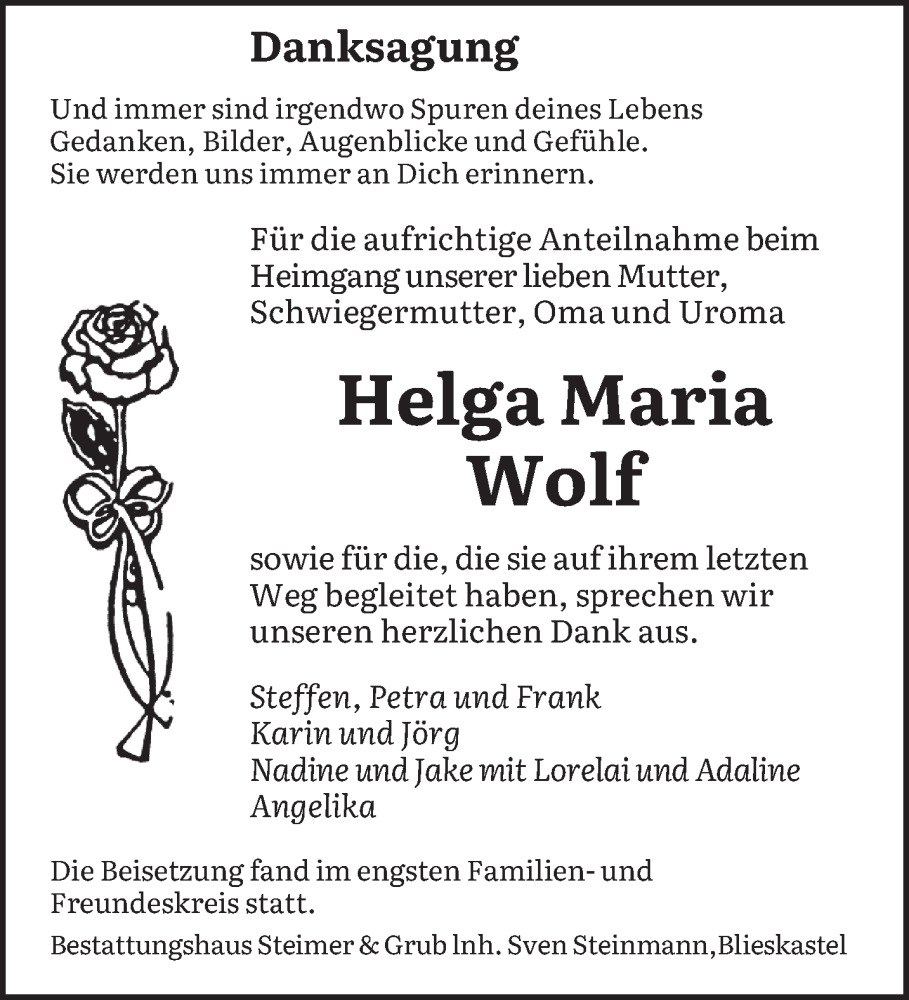  Traueranzeige für Helga Maria Wolf vom 20.02.2026 aus saarbruecker_zeitung