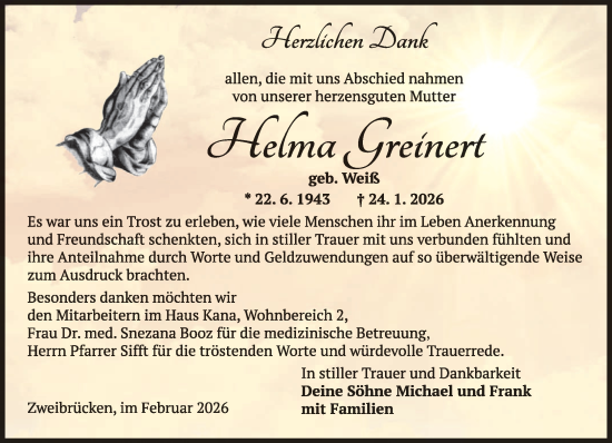 Traueranzeige von Helma Greinert von saarbruecker_zeitung